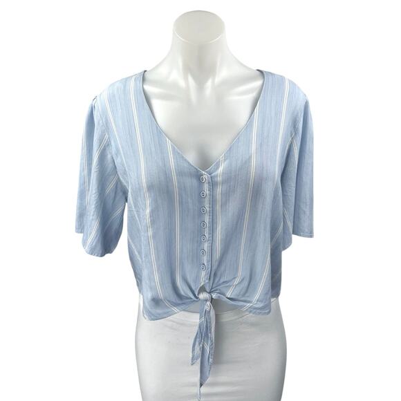 Nordstrom BP Blue White Striped Short Sleeve Tie Hem Cropped Blouse Top Size L - Picture 1 of 4
